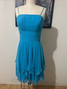 David's Bridal Turquoise Chiffon Spaghetti-Strap Mini Dress